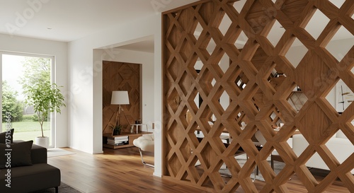 Modern Living Room with Decorative Wooden Room Divider and Natural Light