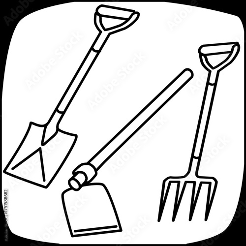Spading Fork, Square Spade, and Hoe in Retro Black and White Vector Style Depicting Crucial Hand Tools for Cultivation, Soil Preparation, Gardening, and Farming Activities