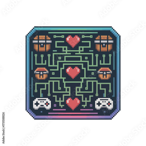 Pixel maze board, retro hearts, tiny controllers, arcade challenge map, pastel interface panel, gamer collectible poster vector