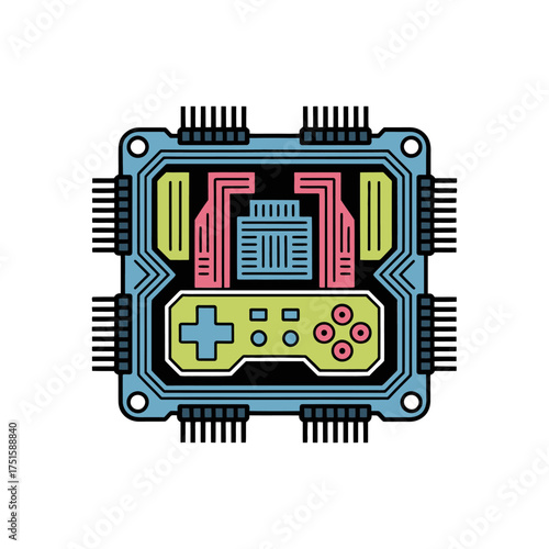 Pixel gadget motherboard, retro console chipset, futuristic controller, electronic components, nostalgic tech poster, gaming hardware, vector design