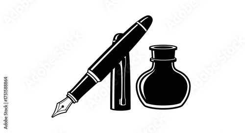 Elegant fountain pen with inkwell for classic writing and calligraphy.