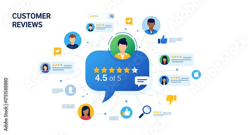 Customer reviews concept with people avatars, speech bubbles, and star ratings, indicating positive feedback