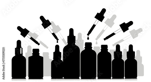 Silhouettes of Dropper Bottles and Pipettes for Liquid Dispensing.