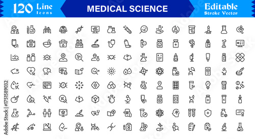 Professional Medical Science line icon set with modern minimal design, unique vector illustrations perfect for healthcare, biology, pharmacy, and research applications, clean style