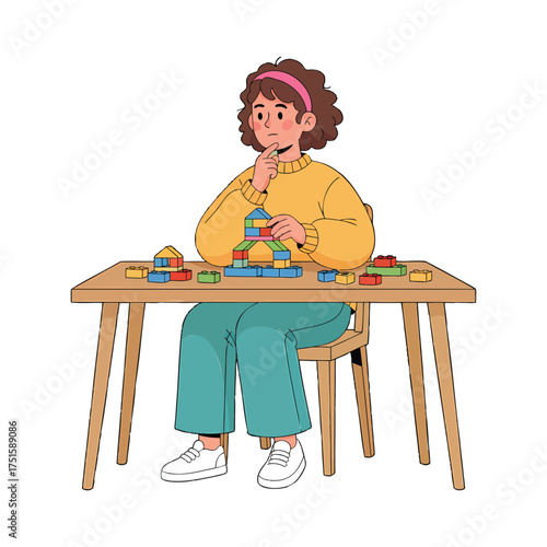 Cartoon girl building with colorful blocks at a wooden table