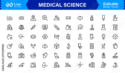 Professional Medical Science line icon set with modern minimal design, unique vector illustrations perfect for healthcare, biology, pharmacy, and research applications, clean style