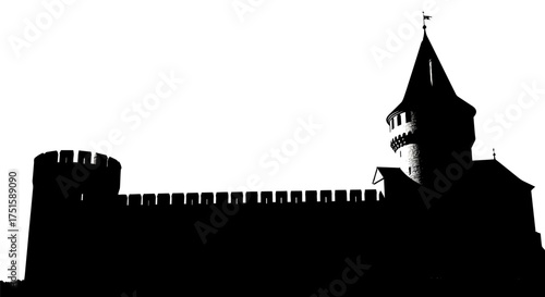Silhouette of a medieval castle with towering walls and a prominent turret against a stark white background.