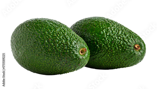 Two whole, ripe avocados with dark green, bumpy skin are positioned closely together, isolated on white