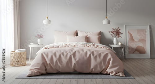 Serene Bedroom Interior with Soft Pink Bedding, Natural Light, and Minimalist Decor