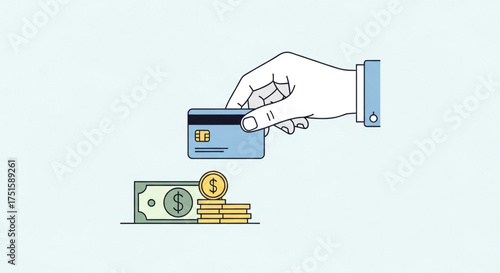 Payment method concept hand holding a credit card over money, including a dollar bill and gold coins