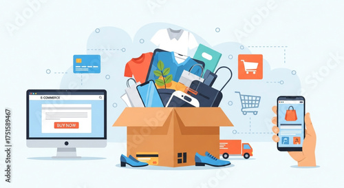 Online shopping concept with box full of products, computer, credit card, and smartphone ecommerce and retail business