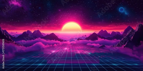 A surreal, neon-lit landscape with mountains, clouds, and a glowing sun in the background, set against a vibrant, gradient sky with stars and planets.