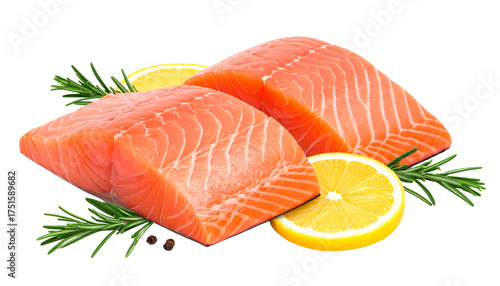 Two pieces of raw salmon with lemon slices and rosemary sprigs, peppercorns, on a plain white background