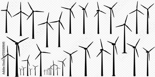 Silhouetted wind turbines stand against a light background, creating a stark contrast.