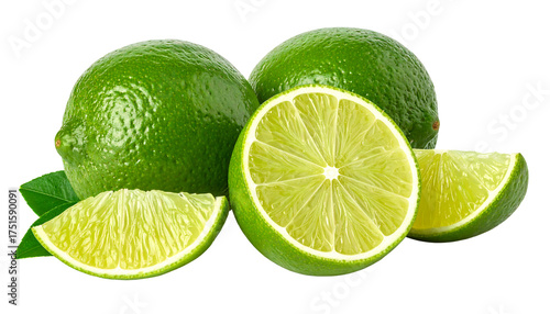 Two whole bright green limes and two lime wedges with green leaves, arranged on a white background, cutout