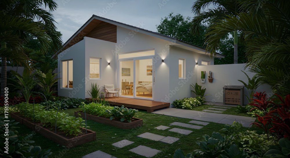 Fototapeta premium Modern House with Garden at Twilight