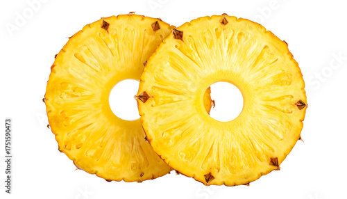 Two pineapple slices with holes, yellow fruit with brown spots, overlapping on white background, isolated cutout