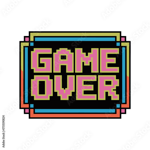 game over pixel badge, retro arcade message, bold block border, nostalgic gamer sign, vintage console vector