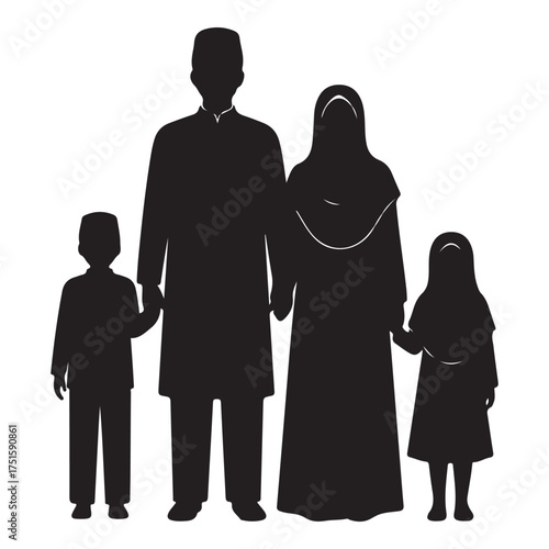 Silhouette of a muslim family with two children standing together isolated on white background, representing unity, love, and cultural heritage