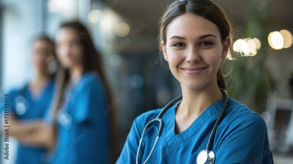 Fototapeta premium A young nurse standing in a hospital corridor with her colleagues in the background.