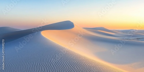 Fototapeta Naklejka Na Ścianę i Meble -  White sand dunes at sunset, with a curved sand dune in the foreground and a distant, undulating sand dune in the background.