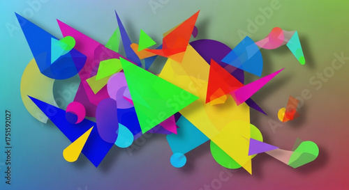 A playful arrangement of colorful geometric shapes creates a vibrant and dynamic abstract composition, full of energy and visual interest