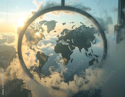 World map seen through a circular window, clouds, sunrise