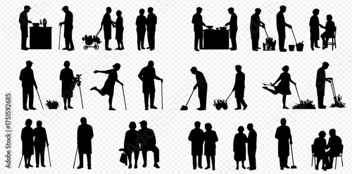 Silhouettes of people engaged in various activities, including gardening, walking, and interacting with each other.
