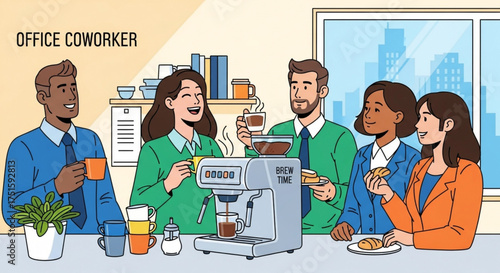 Office coworkers gathering around a coffee machine, sharing a break and enjoying a moment of camaraderie in a modern workspace environment