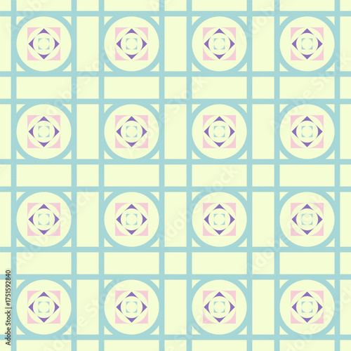 Seamless geometric pattern with squares and repeating shapes in a soft pastel color palette of yellow, blue, and purple for an elegant background design