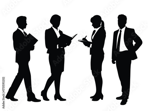 Black silhouettes of business professionals in formal attire white