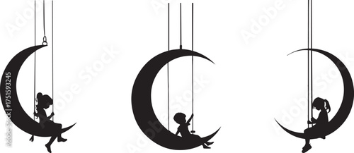 Silhouette of girls sitting on crescent moons, symbolizing dreams, imagination, and peace, perfect for fantasy wall art, minimalist illustration, night sky posters, children’s decor, and celestial con