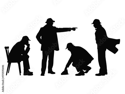 Black silhouettes of detectives investigating a scene investigation crime scene