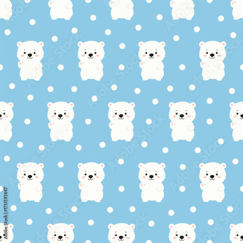 Seamless pattern with polar bear cubs on a blue background.