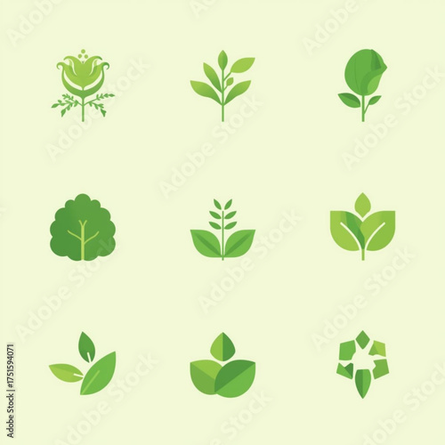A collection of minimalist green leaf and plant icons symbolizing nature, growth, and organic elements