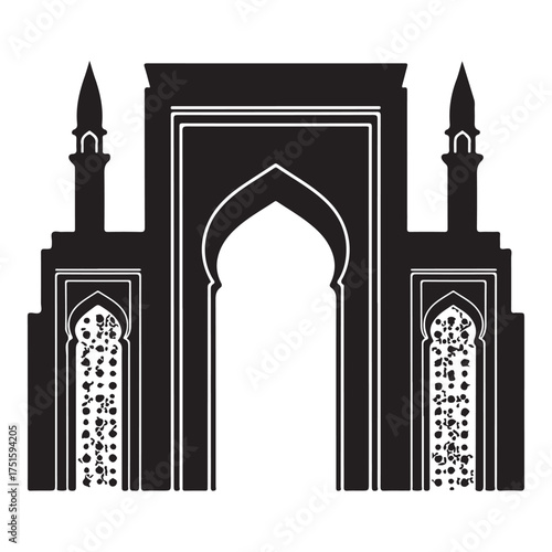 Elegant silhouette of an islamic architectural gate isolated on white background, showcasing intricate details and creating a sense of cultural richness