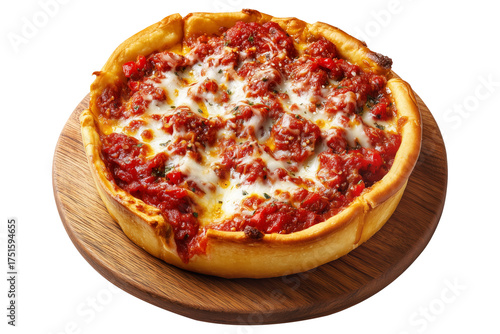 Thick crust deep dish Chicago pizza with cheese and tomato sauce on wooden board isolated on white transparent background, concept of United States traditional street food