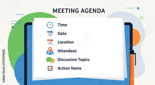 Meeting agenda with time, date, location, attendees, discussion topics, and action items on a laptop screen