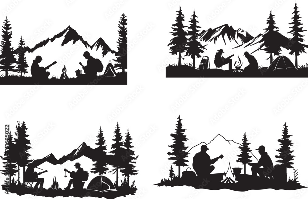 Fototapeta premium Silhouette illustration of campers sitting by tents under pine trees with mountain landscape background, perfect for adventure, outdoor travel, hiking, and nature-themed wall art, posters, and vector 