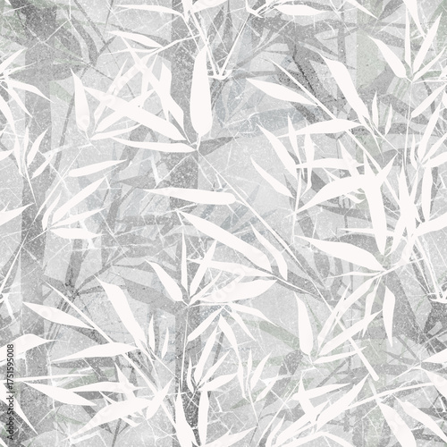 Seamless monochrome light gray tropical pattern. White bamboo branches on a gray background.