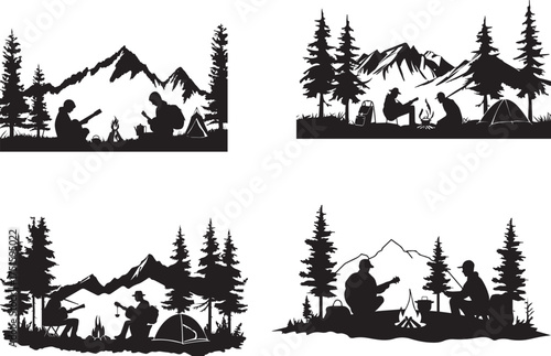 Silhouette illustration of campers sitting by tents under pine trees with mountain landscape background, perfect for adventure, outdoor travel, hiking, and nature-themed wall art, posters, and vector 