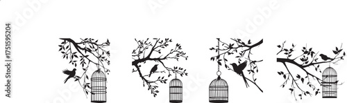 Silhouette of birds flying around tree branches with hanging cages, symbolizing freedom and nature, minimalist black and white wall art design perfect for home decor, posters, and inspirational artwor