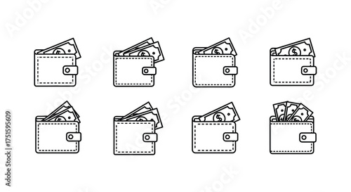 Collection of hand drawn wallets filled with cash bills