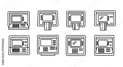 Collection of hand drawn atm machine icons and illustrations