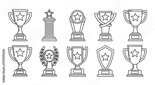 Collection of hand drawn trophy and award illustrations on white background