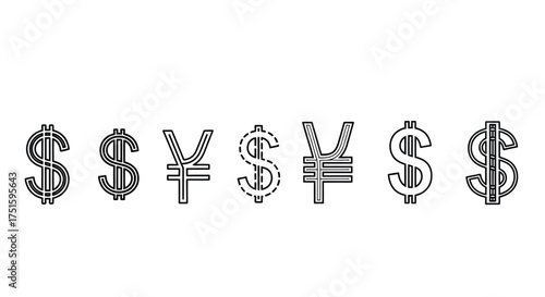 Collection of stylized dollar and yen currency symbols in a row