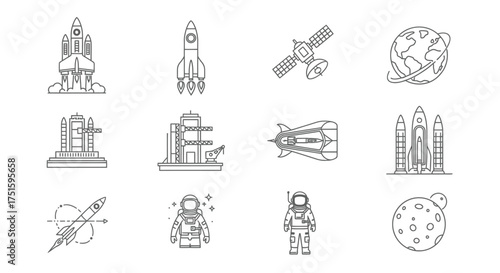 Collection of hand drawn sketch icons for space exploration and sci fi themes