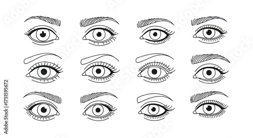 Collection of hand drawn sketch style eyes with detailed lashes and brows
