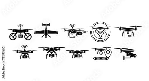 Collection of silhouette drone icons with wireless signal and fingerprint symbols