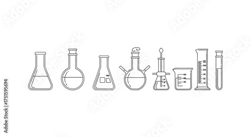 Collection of laboratory glassware and scientific equipment in a line drawing